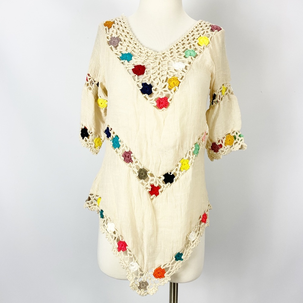 Hippy Boho Small Crochet Blouse Ivory Floral - Picture 1 of 5
